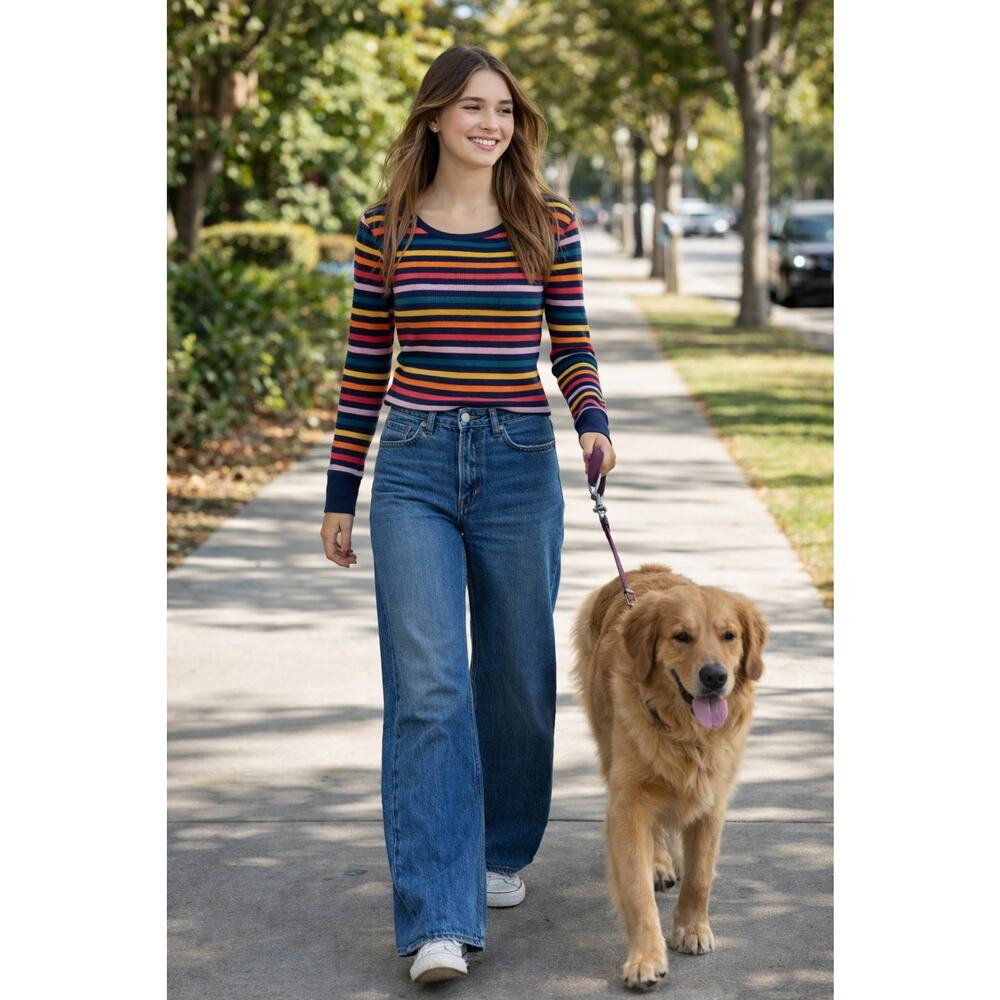 Old Navy Y2K Style Woman's SMALL Colorful Rainbow Stripe Thermal Waffle Knit Top